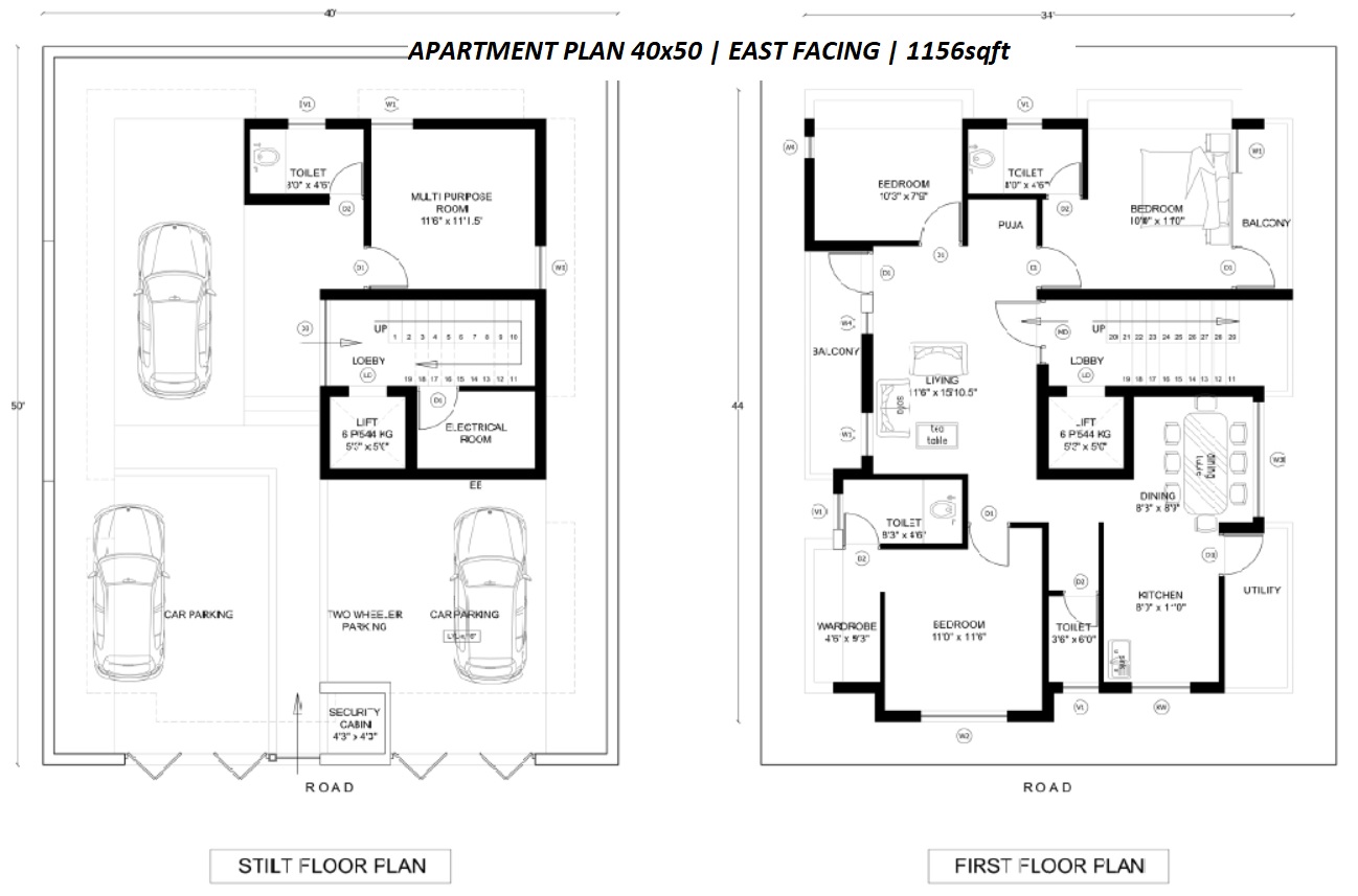 APARTMENT PLAN 40x50 | EAST FACING | 3BHK |