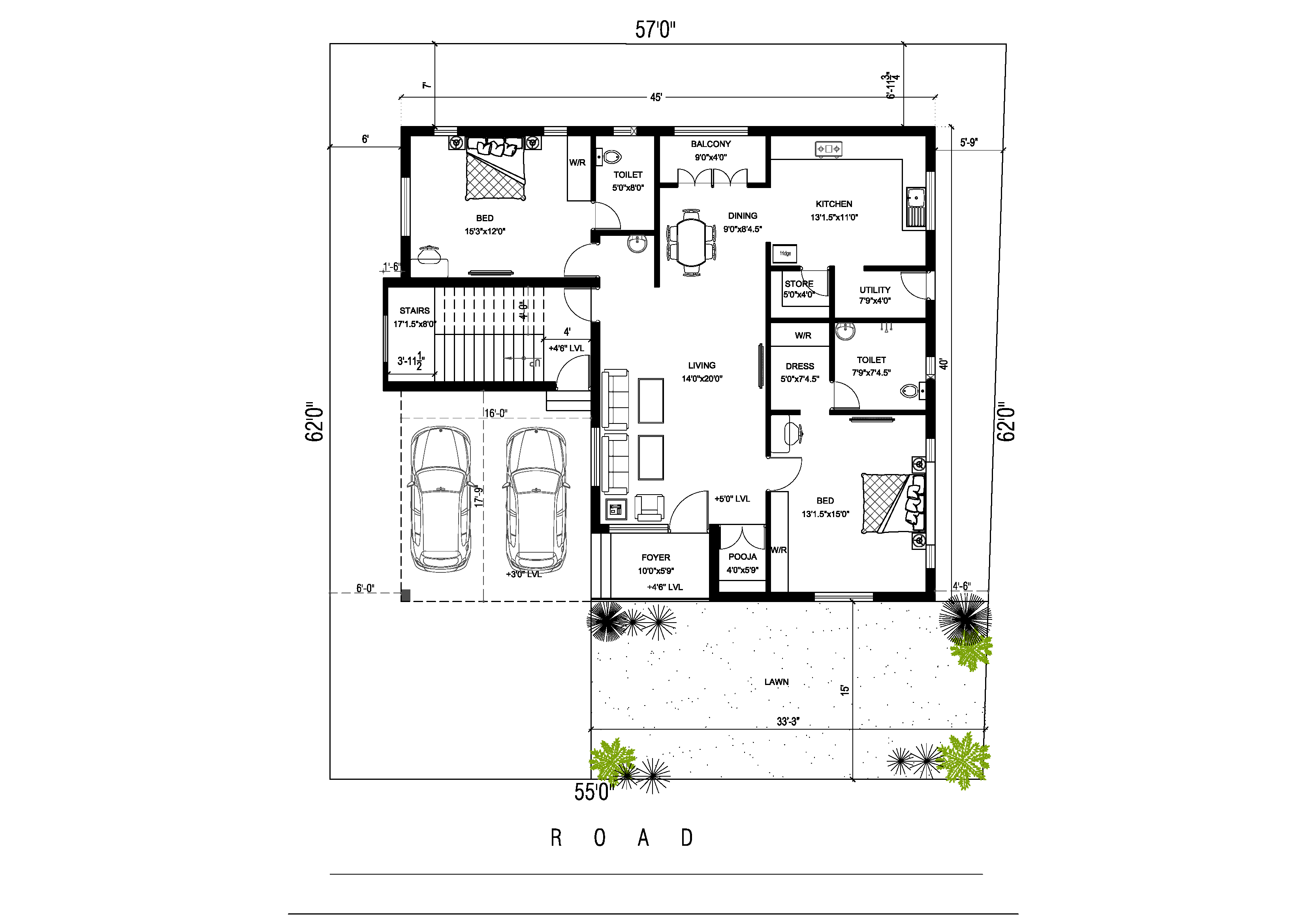 South face elevation of 30'x40' East facing house plan is given as