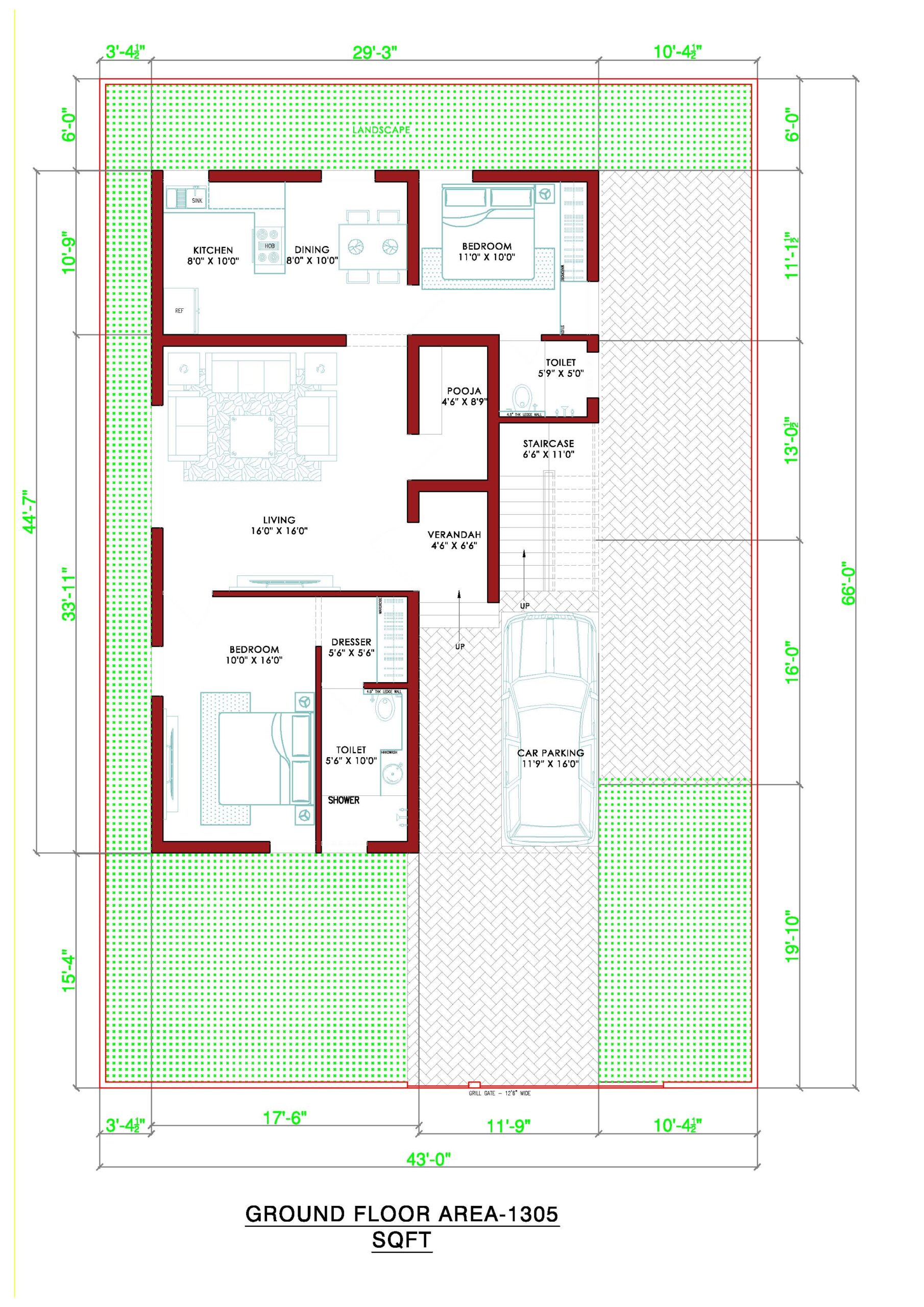 HOUSE PLAN 29 x 44 | EAST FACING | DUPLEX HOUSE