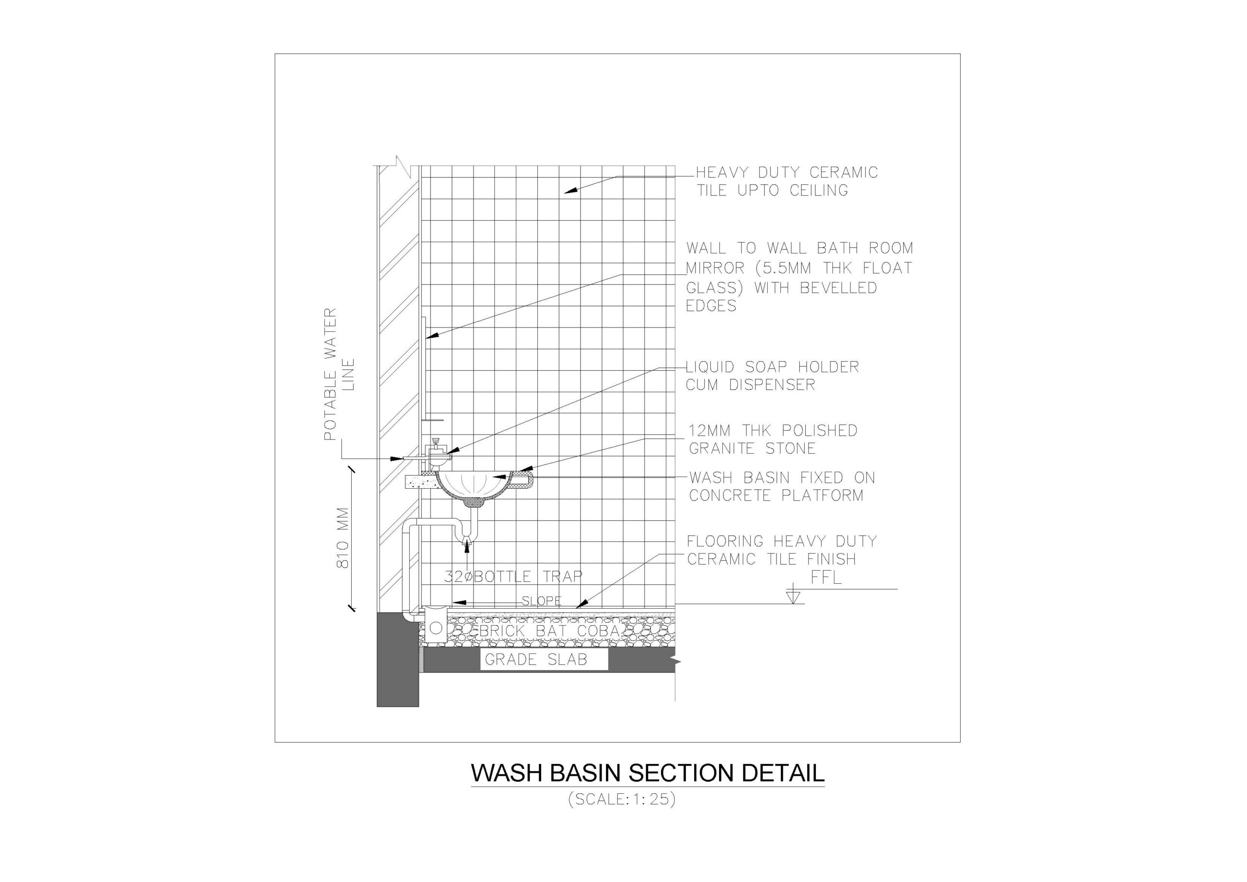 Technical Details for Wash Basin Section and Elevation