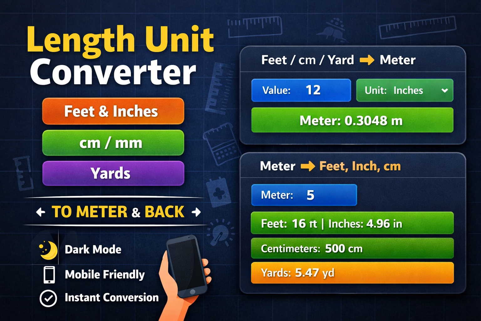 Unit Converter – Feet, Inches, cm, mm, Yard to Meter and Vice Versa