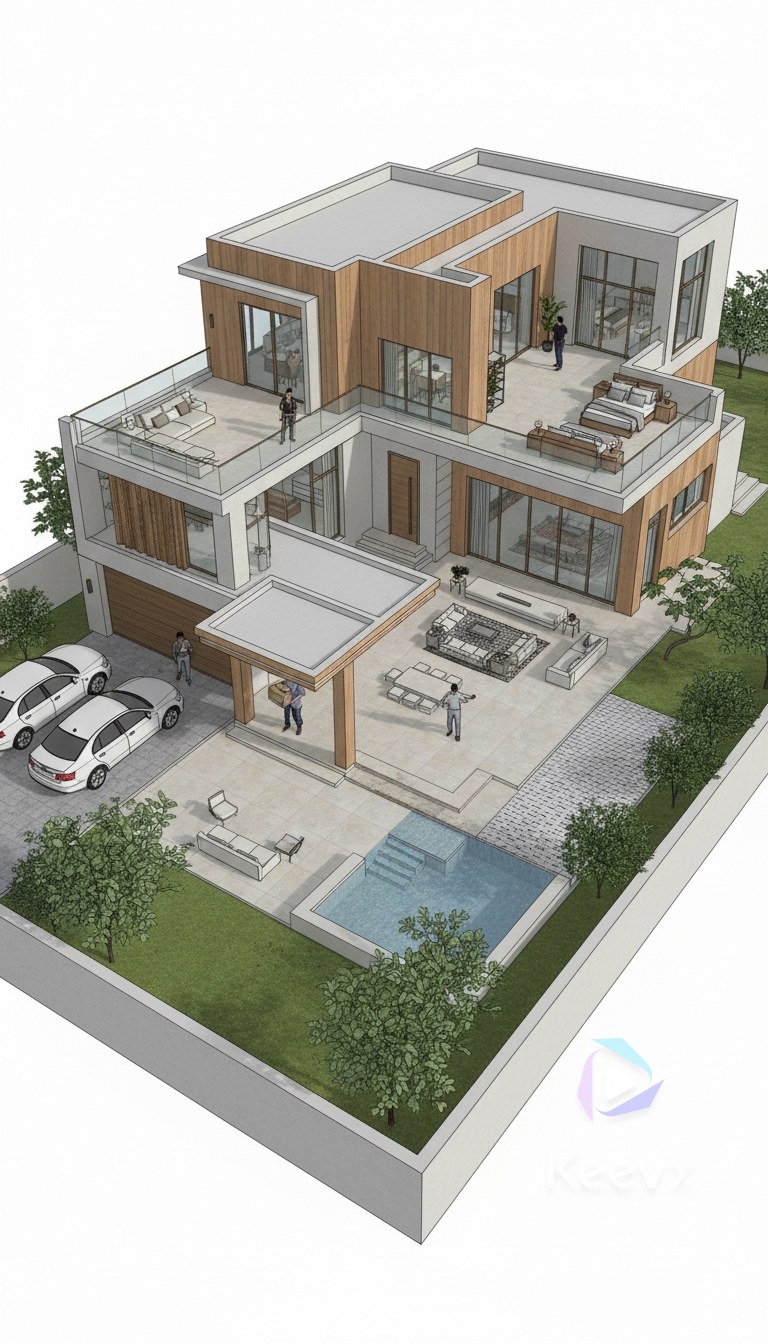 Modern 4BHK West Facing House Plan (60×50) with Pool & Luxury 3D Design