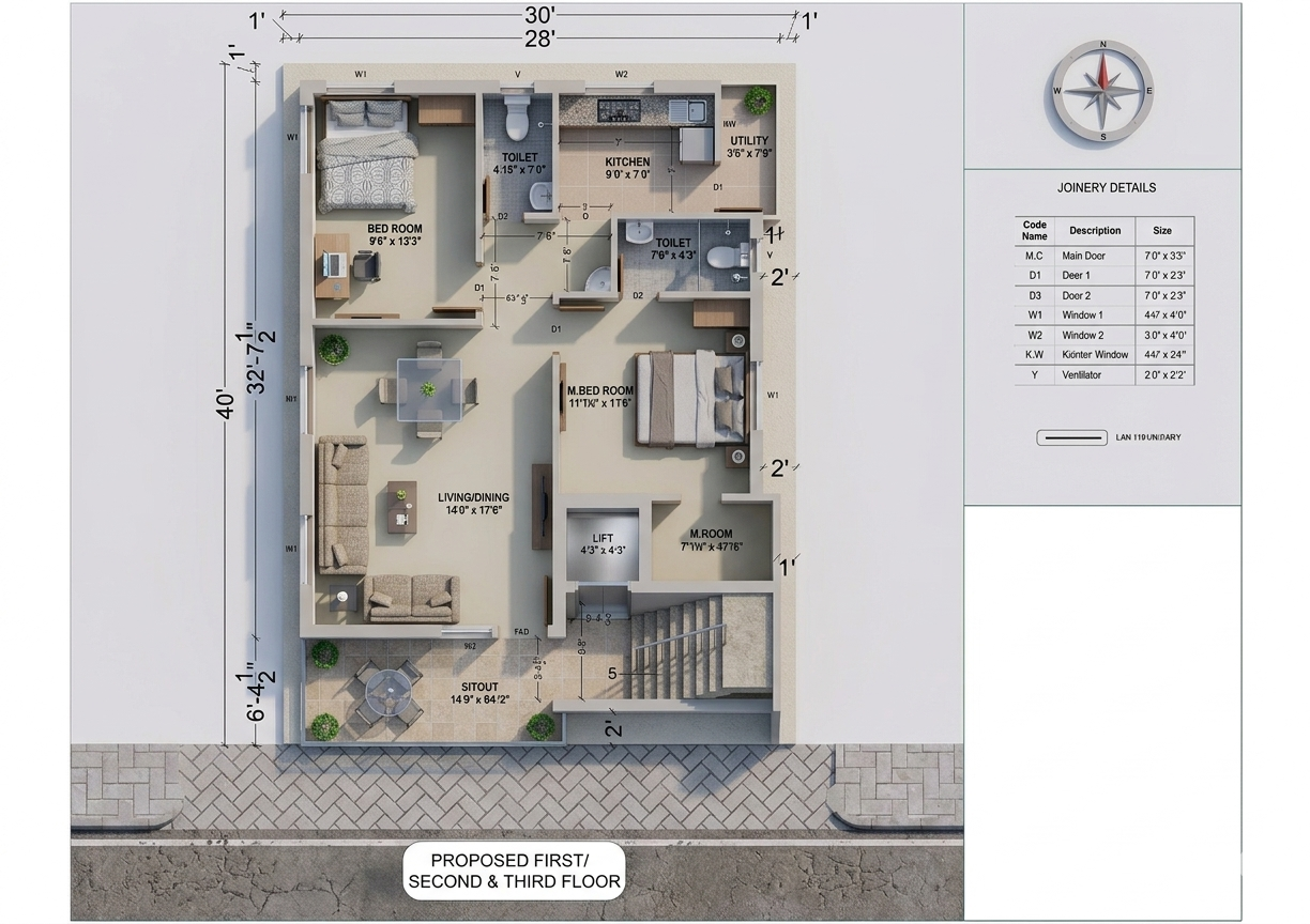 House Plan 30×40 West Facing | 2BHK Luxury Floor Design |