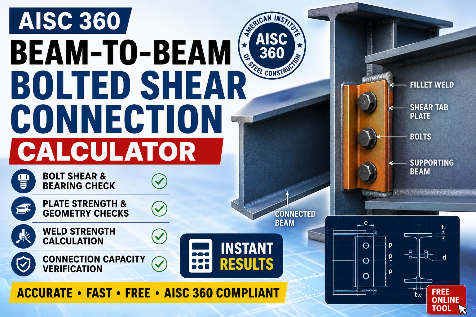 AISC Beam-to-Beam Bolted Shear Connection Calculator