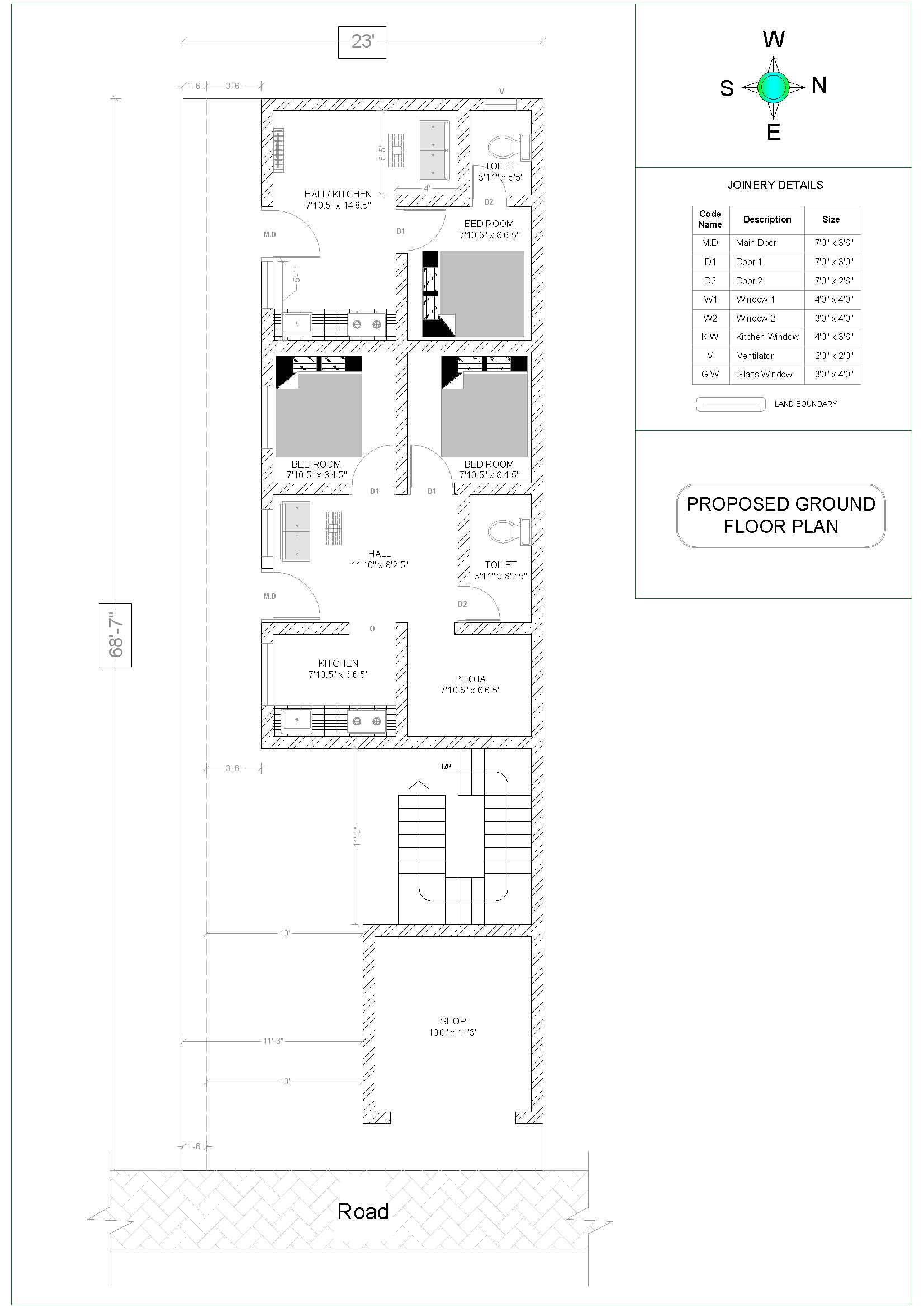 23×68 East Facing House Plan with Shop – Ground, First & Second Floor